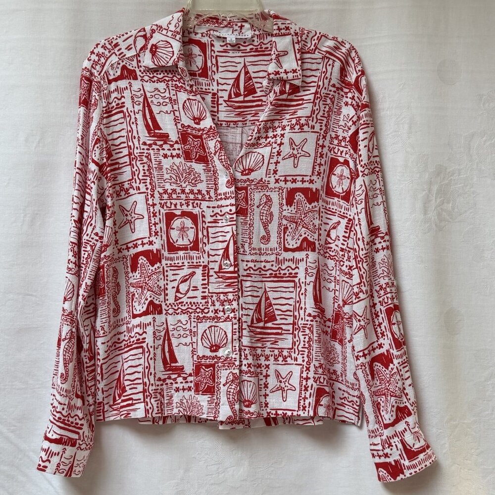 Jane‎ and Delancey Blouse Womens Medium Seahorse Sailboat Shell Starfish Coastal